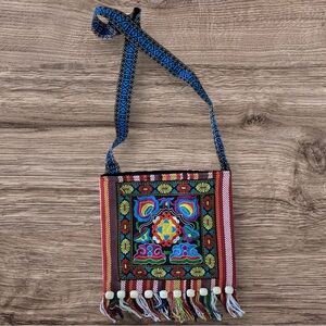 Red and Blue Crossbody Bag with Intricate Embroidery